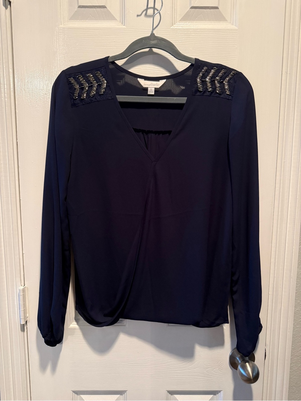 Charmin Charlie Navy Beaded Shoulder Faux Wrap Blouse Size Small